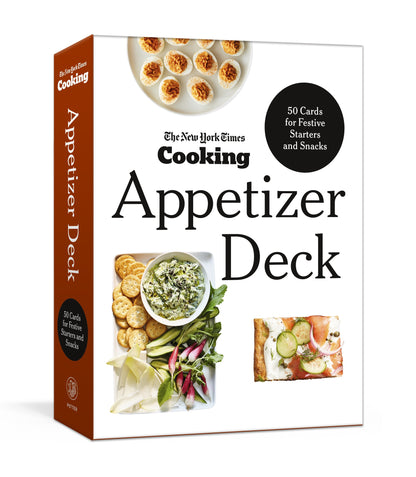 Box labeled “The New York Times Cooking Appetizer Deck” by Penguin Random House, featuring photos of snacks and containing 50 appetizer recipe cards from NYT Cooking—perfect for festive starters and party appetizers.