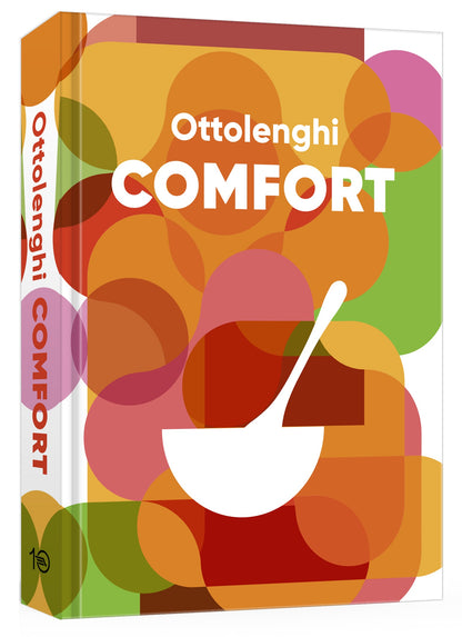 The cover of Penguin Random House’s “Ottolenghi Comfort” cookbook showcases colorful abstract circles and a white ladle illustration on the front, beautifully reflecting the welcoming essence of its comforting recipes.