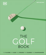 A golf putter and ball cast shadows on a green surface beneath the cover text “Golf Book” from Penguin Random House, featuring insights into players, gear, strokes, courses, championships, and the sport’s rich history.