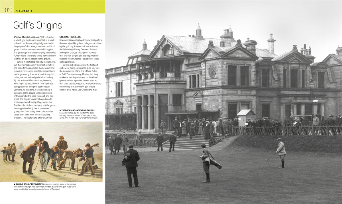 Historic black-and-white photo featured in the Golf Book by Penguin Random House shows golfers playing and spectators watching on the course in front of a grand, old stone clubhouse, capturing a remarkable golfing moment. An inset illustration depicts early golfers in action, highlighting the evolution of golf equipment over the years.