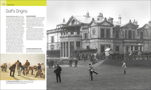 Historic black-and-white photo featured in the Golf Book by Penguin Random House shows golfers playing and spectators watching on the course in front of a grand, old stone clubhouse, capturing a remarkable golfing moment. An inset illustration depicts early golfers in action, highlighting the evolution of golf equipment over the years.