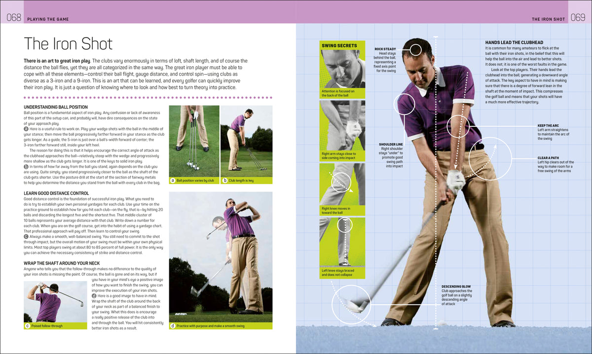 A golfer in a purple shirt demonstrates an iron shot, with instructional tips and technique steps from the Golf Book by Penguin Random House displayed alongside close-up images and text, highlighting how mastering your swing can make a difference in golf competitions.