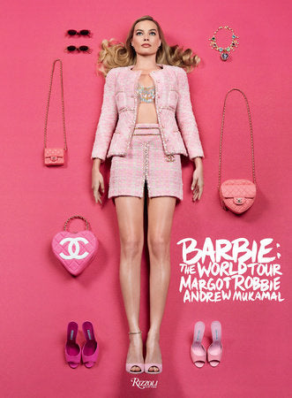 Dressed in a pink ensemble, a woman reclines on a pink backdrop, adorned with coordinating accessories and shoes. The text reads "Barbie: The World Tour" by Rizzoli, as Margot Robbie embodies the classic charm of vintage fashion.