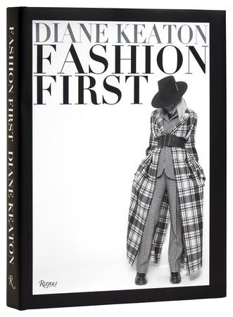 The "Fashion First" book by Rizzoli features a black and white photo of a woman in plaid coat, hat, and checked suit on the cover, channeling iconic Annie Hall style with the title displayed in bold lettering.
