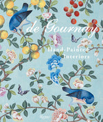 Cover of de Gournay: Hand-Painted Interiors featuring hand-painted chinoiserie wallpaper art of birds, butterflies, flowers, and fruit on a light blue background.