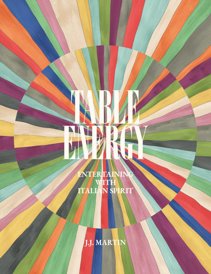A vibrant, radiating pattern frames “Table Energy: Entertaining with Italian Spirit” by Abrams on the cover.