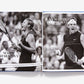 Open book "US Open: 50 Years of Championship Tennis" by Abrams, showing black-and-white photos of Maria Sharapova and Juan Martín del Potro celebrating, with names and a quote—an ideal gift for tennis fans.