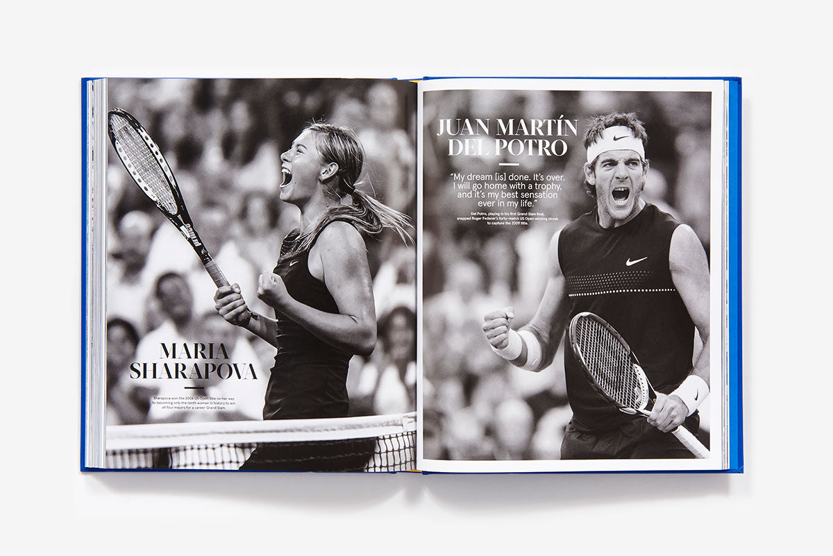Open book "US Open: 50 Years of Championship Tennis" by Abrams, showing black-and-white photos of Maria Sharapova and Juan Martín del Potro celebrating, with names and a quote—an ideal gift for tennis fans.