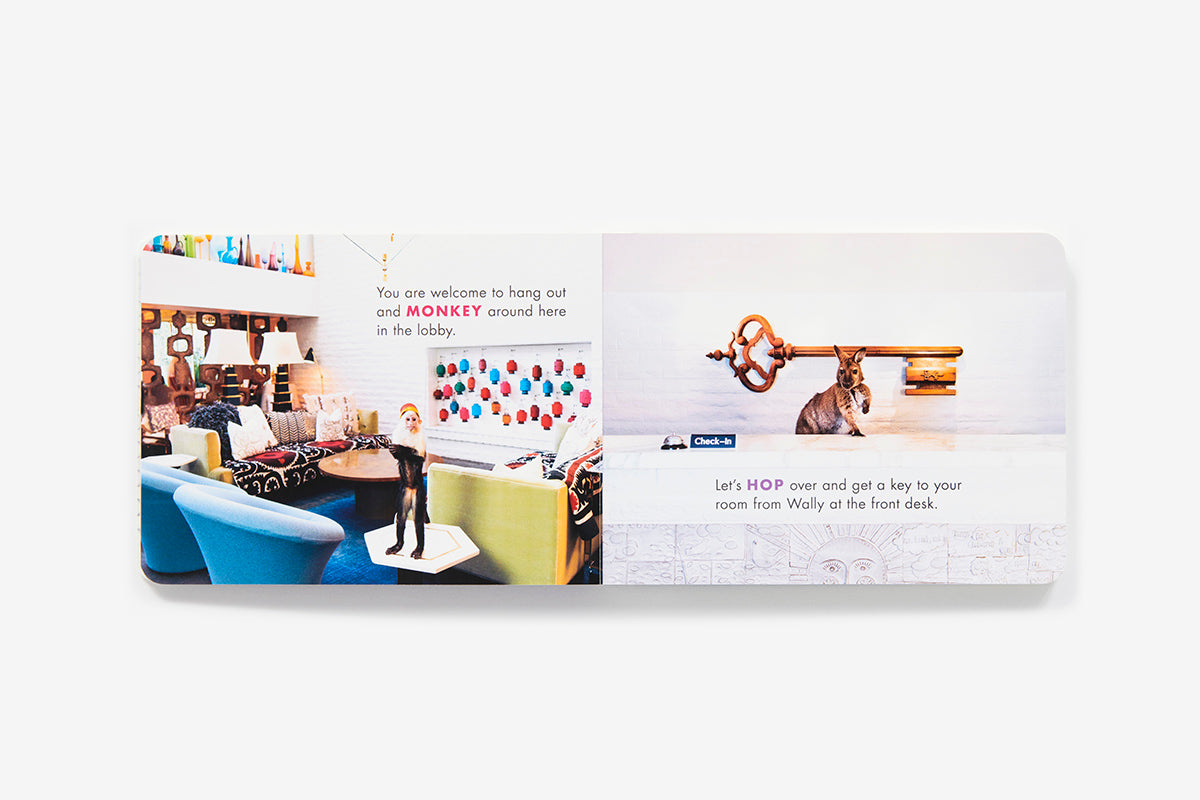 An open spread of the children’s book Be Our Guest! shows a monkey in a Parker Palm Springs lobby on the left and a rabbit next to a large skeleton key on the right, with text about checking in.