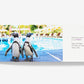 Two penguins stand at the edge of a Parker Palm Springs swimming pool next to the Be Our Guest! book, with text inviting guests to watch Peter and Pippa’s diving tricks in the pool.
