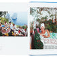 Two-page spread in a book showing a coastal dining scene on the left and a woman relaxing on a chaise lounge on the right, captured in the distinctive Slim Aarons style from "Slim Aarons: The Essential Collection" by Abrams.
