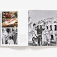 In "Slim Aarons: Style" by Abrams, an open book displays black-and-white photos: the left page with a floral portrait and a dining group in Slim Aarons style; the right shows two individuals on a scooter by the Colosseum, evoking classic fashion photography's glamour.