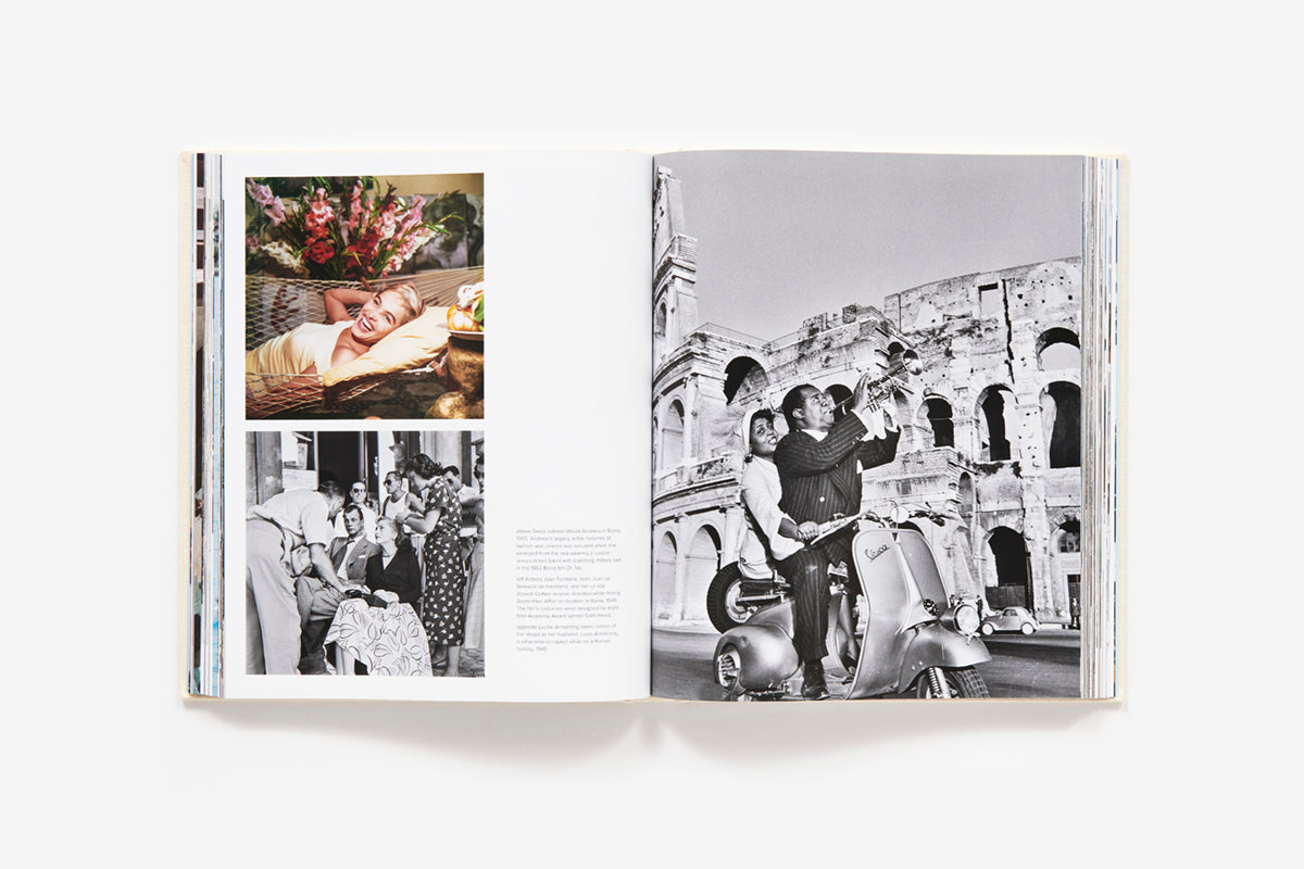 In "Slim Aarons: Style" by Abrams, an open book displays black-and-white photos: the left page with a floral portrait and a dining group in Slim Aarons style; the right shows two individuals on a scooter by the Colosseum, evoking classic fashion photography's glamour.