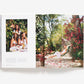 The book "Slim Aarons: Style" by Abrams features a captivating photo of three glamorous individuals at a table and a woman in a chic white dress on a hanging chair, surrounded by vibrant red flowers, epitomizing timeless fashion photography.
