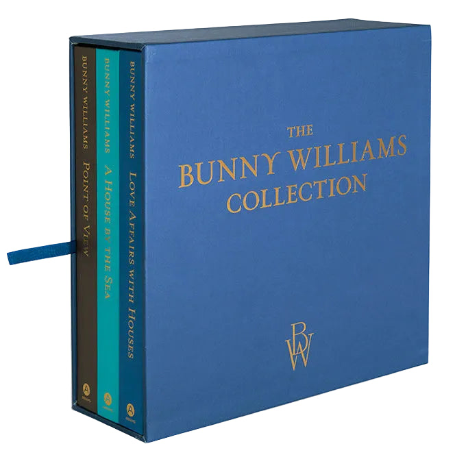 HIVE Home, Gift and Garden presents "Bunny Williams Book Signing," celebrating interior design with the blue box set "The Bunny Williams Collection," featuring three books: "Point of View," "A House by the Sea," and "Love Affairs with Houses.