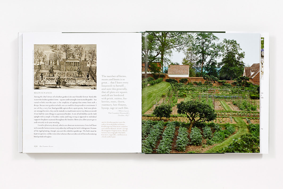 An open book, Bunny Williams: On Garden Style by Abrams, displays an old illustration on the left and a photo of a well-designed vegetable garden inspired by Bunny Williams on the right.