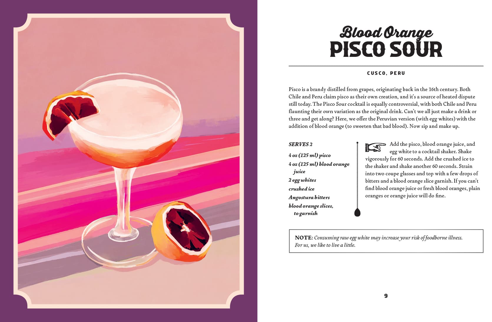 A cocktail glass with a pale drink, garnished with a blood orange wheel, sits beside a halved blood orange on a pink and purple background—perfect for anyone drawing inspiration from World Cocktail Adventures by Chronicle Books.