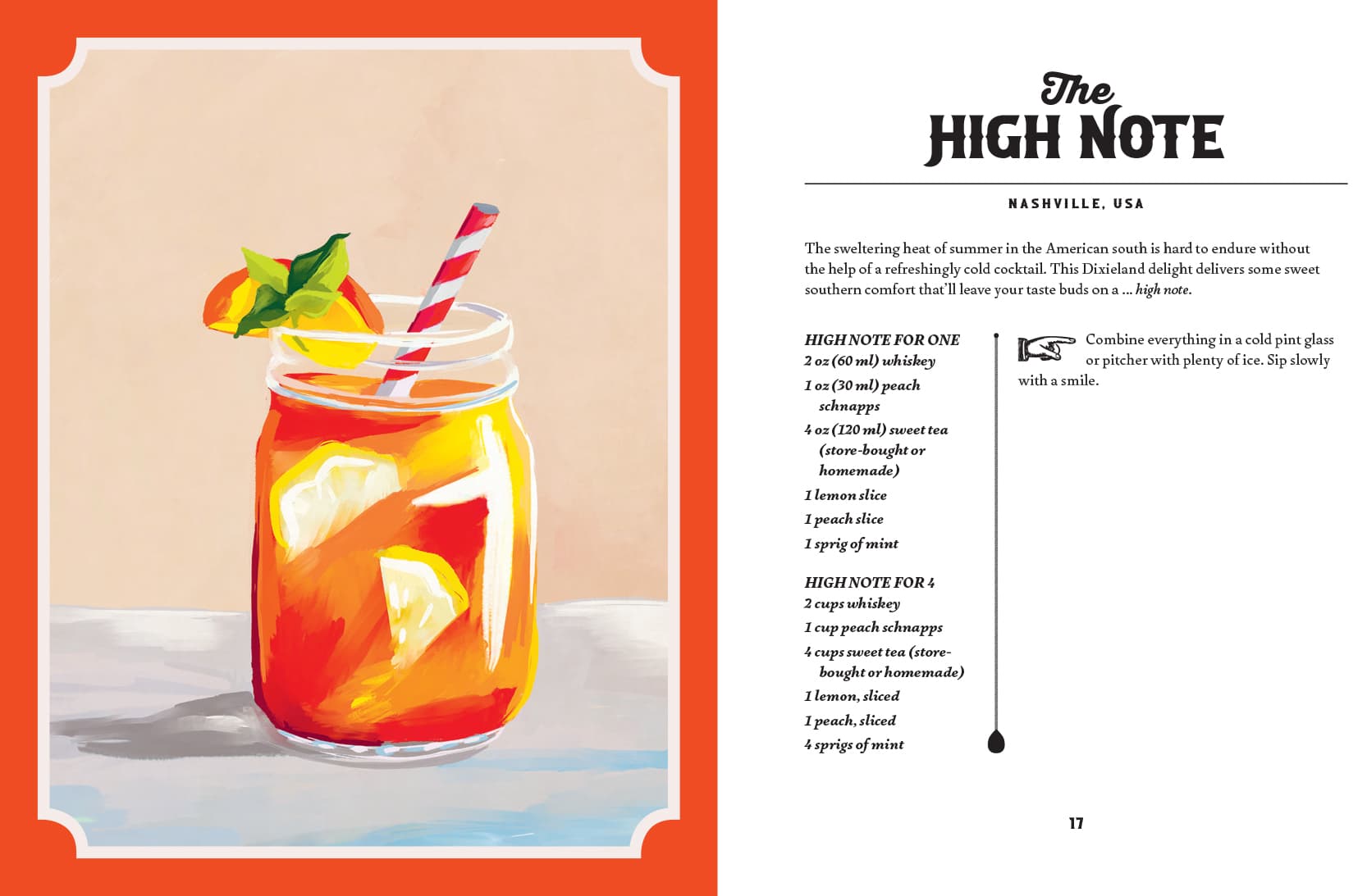 A vibrant illustration of a cocktail with ice, orange slices, and mint appears beside the recipe for “The High Note” whiskey drink on a crisp white page with black text, capturing the spirit of global exploration found in World Cocktail Adventures by Chronicle Books—a collection that feels like an artfully curated journey through world travel cocktails.