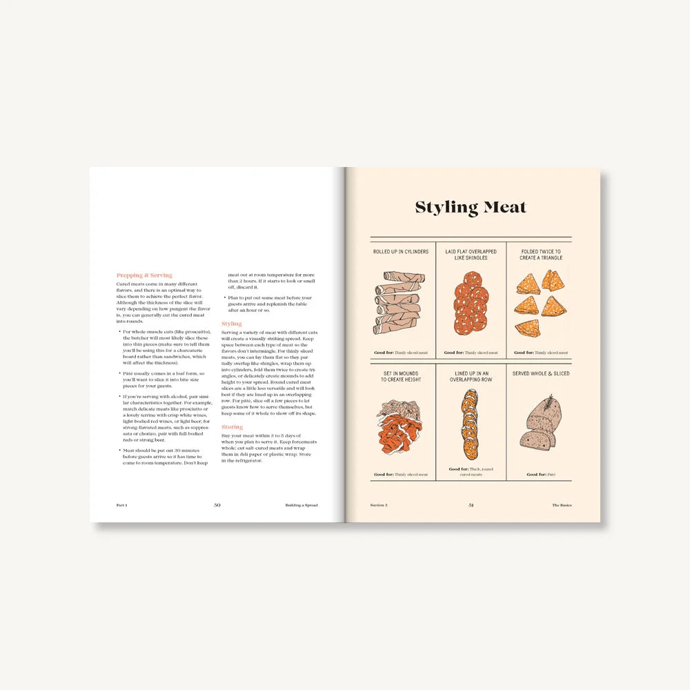 The book “Tables & Spreads” by Chronicle Books features an open page with detailed instructions on preparing meat alongside an illustrated food styling guide that showcases various presentation techniques—including rolling, flattening, cutting, and stacking—making it an ideal addition to any cookbook or recipe collection.
