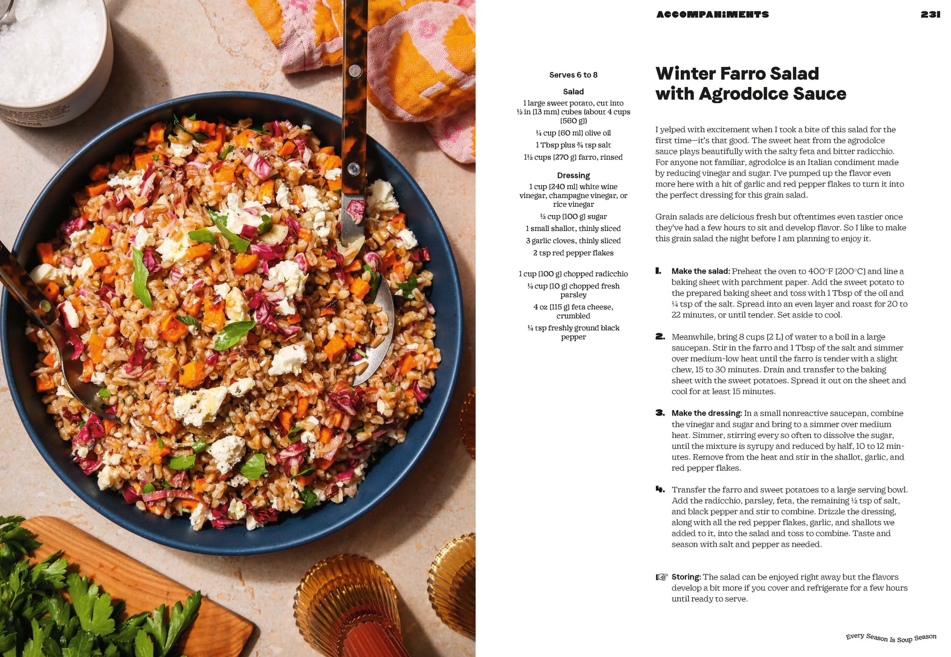 A bowl of farro salad with vibrant vegetables and crumbled cheese sits on a table next to serving utensils and a wedge of citrus; beside it, the Chronicle Books cookbook Every Season Is Soup Season lies open, displaying a healthy soup recipe.