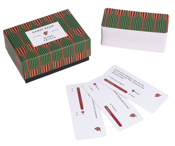 Uncover a collection of wine trivia cards that are perfect for wine enthusiasts with Chronicle Books' Wine Trivia set. Dive into three cards featuring multiple-choice questions about different wine regions. Encased in a charming green and orange striped box, this set invites you to expand your knowledge and explore the fascinating world of wines.