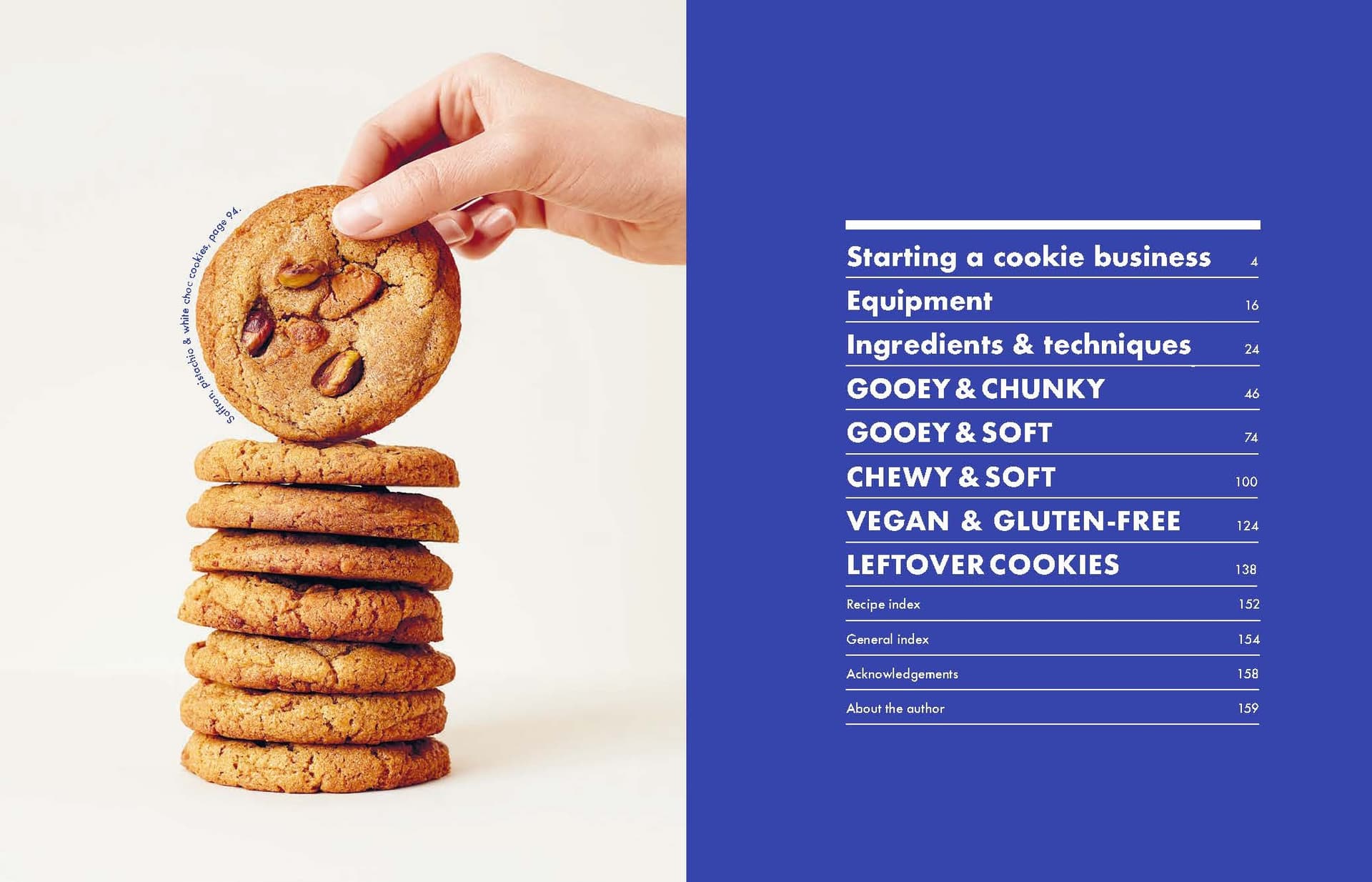 A hand holds a chocolate chip cookie above a stack of five cookies next to the blue table of contents from Cookies & Crumbs by Chronicle Books, highlighting delicious baking cookies and tempting gluten-free recipes.