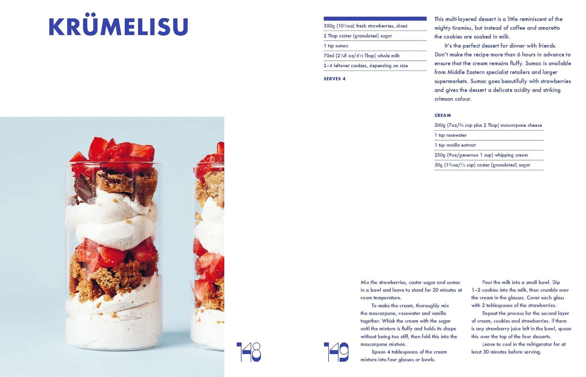 Two glass jars filled with layers of whipped cream, chopped strawberries, and crumbled Cookies & Crumbs gluten-free cookies from Chronicle Books are set against a pale blue background. Recipe instructions and ingredients appear on the right.