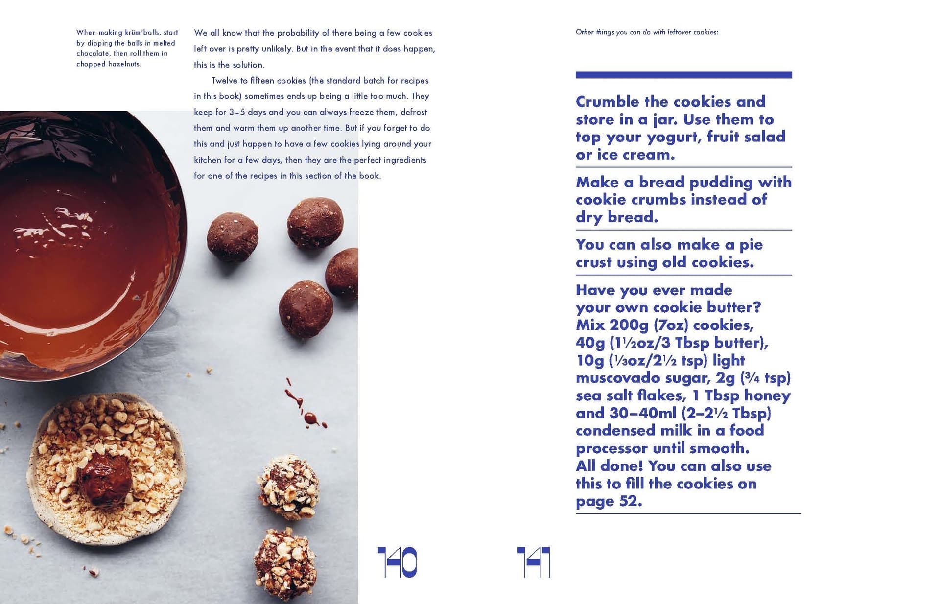 A bowl of melted chocolate, a spoon, and cookie crumbs sit on a table next to text instructions from Chronicle Books’ Cookies & Crumbs, offering creative ways to use leftover cookies or gluten-free varieties in different recipes.