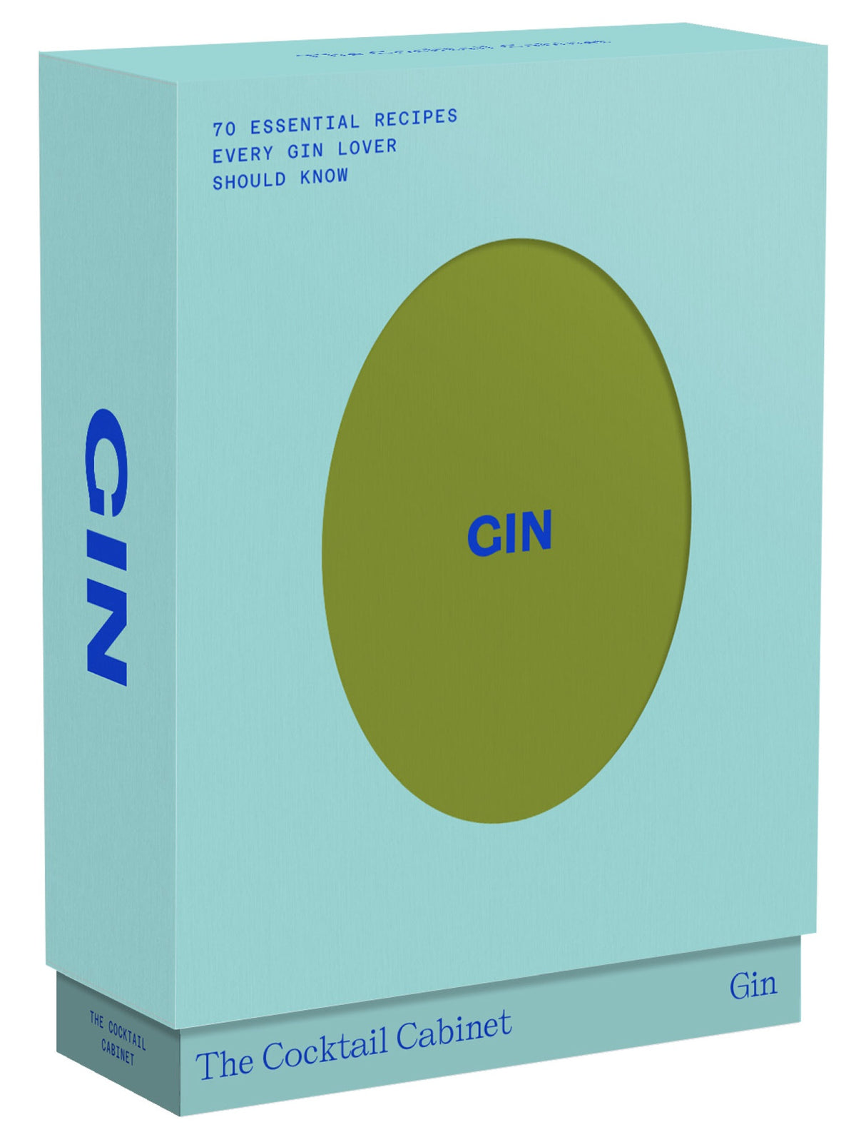 Light blue box set titled “The Cocktail Cabinet: Gin” from Penguin Random House, featuring a green oval with “GIN” in blue letters and text about 70 essential gin cocktail recipes for gin lovers.