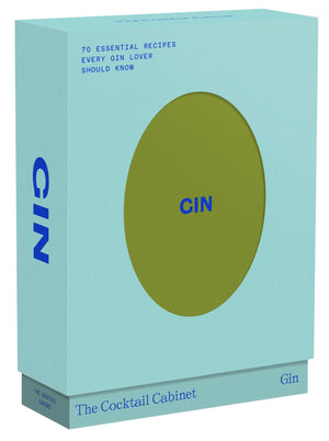 Light blue box set titled “The Cocktail Cabinet: Gin” from Penguin Random House, featuring a green oval with “GIN” in blue letters and text about 70 essential gin cocktail recipes for gin lovers.