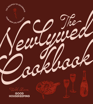 Cover of “The Newlywed Cookbook” from Penguin Random House, featuring elegant script and charming illustrations of wine glasses, a champagne bottle, and a serving dish—an inviting design that highlights this easy meals cookbook for couples.