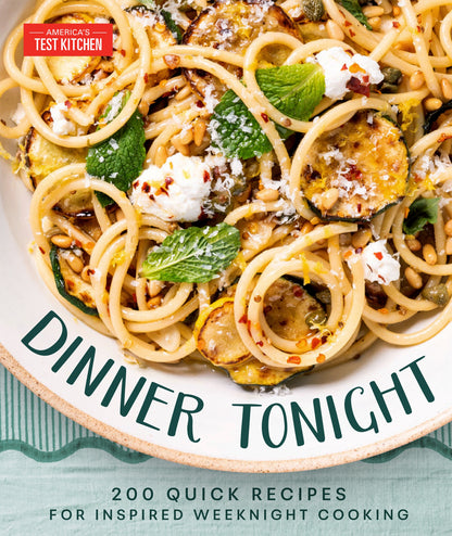 Featured on the cover of “Dinner Tonight” by Penguin Random House, a plate of pasta with zucchini, goat cheese, pine nuts, and mint offers perfect inspiration for easy cleanup and satisfying weeknight dinners.