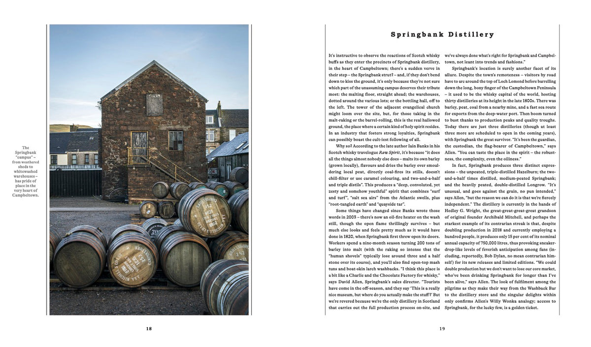 A stone distillery building with wooden stairs is shown beside several stacked whisky barrels marked “Springbank”; text about Scotch by Penguin Random House appears on the right page.