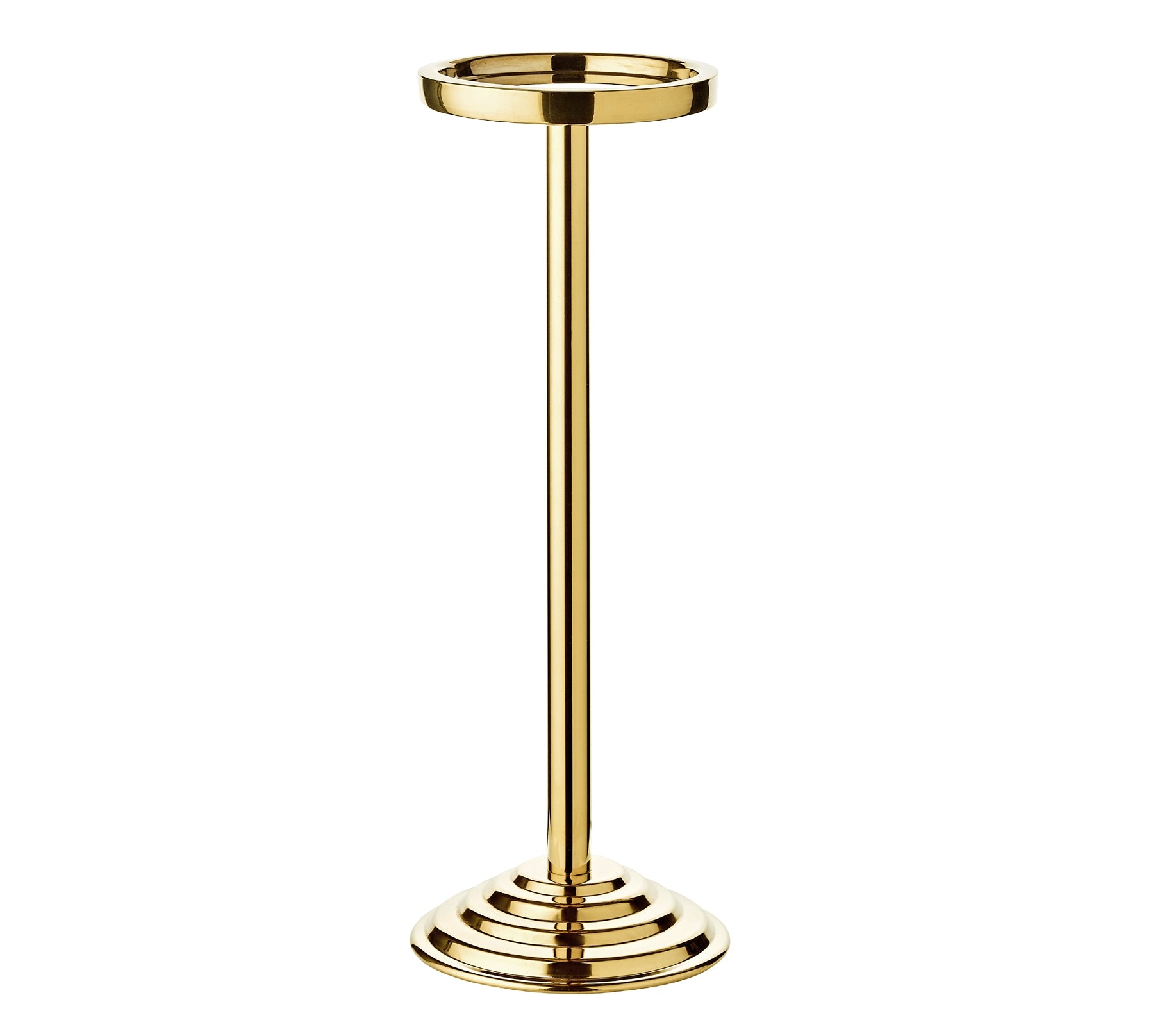 The EDZARD Capri Ice Bucket with Stand Collection features a tall, gold-colored stainless steel stand with a round top and tiered base—ideal for luxury hotel lobbies or stylishly displaying champagne coolers.