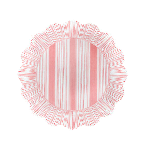 The Cabana Stripe Melamine Dinnerware Collection by Juliska features a round shatterproof dinner plate with a ruffle trim, vertical pink and white stripes, and a fine lined border for stylish, durable dining.