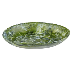 The Nashi Home Serveware Collection, Forest features a handcrafted shallow round plate with a glossy green and white marbled design—ideal as a striking serving piece or unique accent for your home decor.