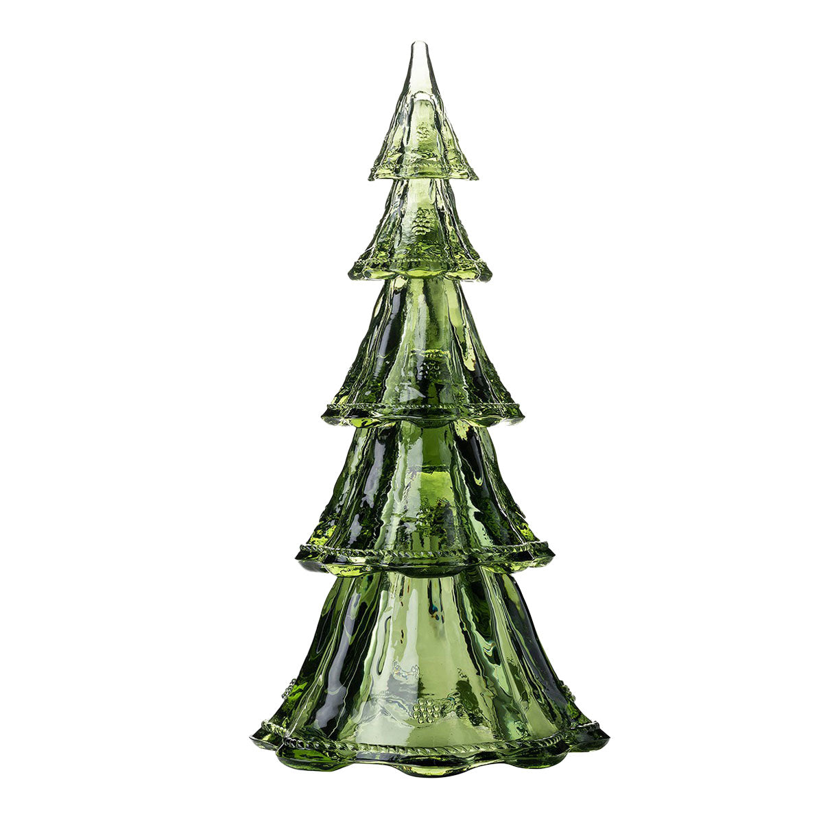 This green glass Christmas tree ornament by Juliska features tiered, textured layers and a pointed top—perfect for holiday table decor or displaying with your Berry & Thread Evergreen Tree Collection.
