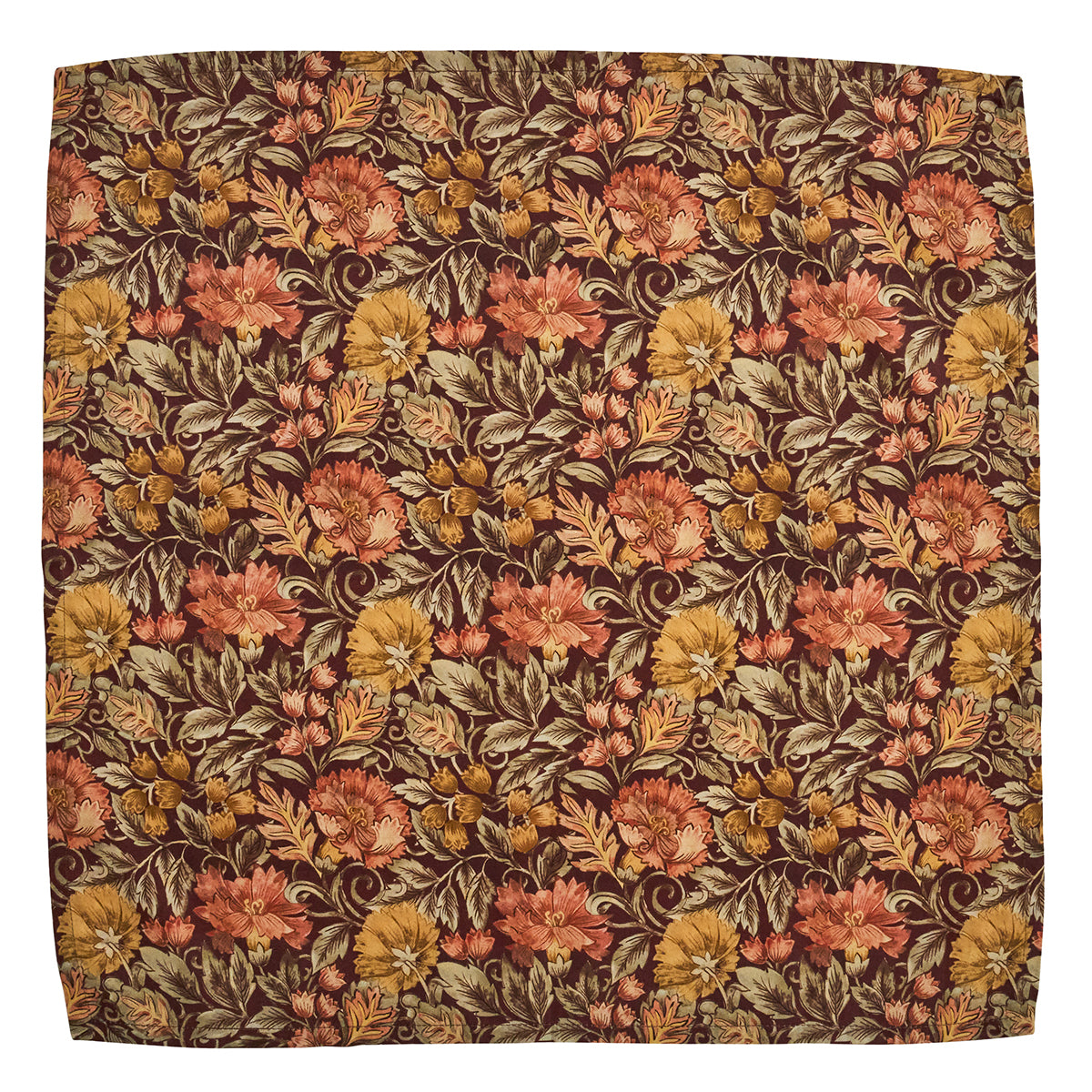 Introducing the Willa Amber Napkin Set by Juliska—a square fabric adorned with a dense floral motif in autumnal hues of brown, orange, yellow, and green. This exquisite heirloom textile is perfect for creating elegant linen napkins.