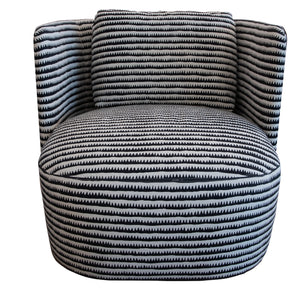Introducing the Hudson Swivel Club Chair by Verellen, featuring stylish Corfu Stripes with a rounded back and a rectangular cushion on the seat. Perfect for adding a touch of West Palm Beach elegance to any room.