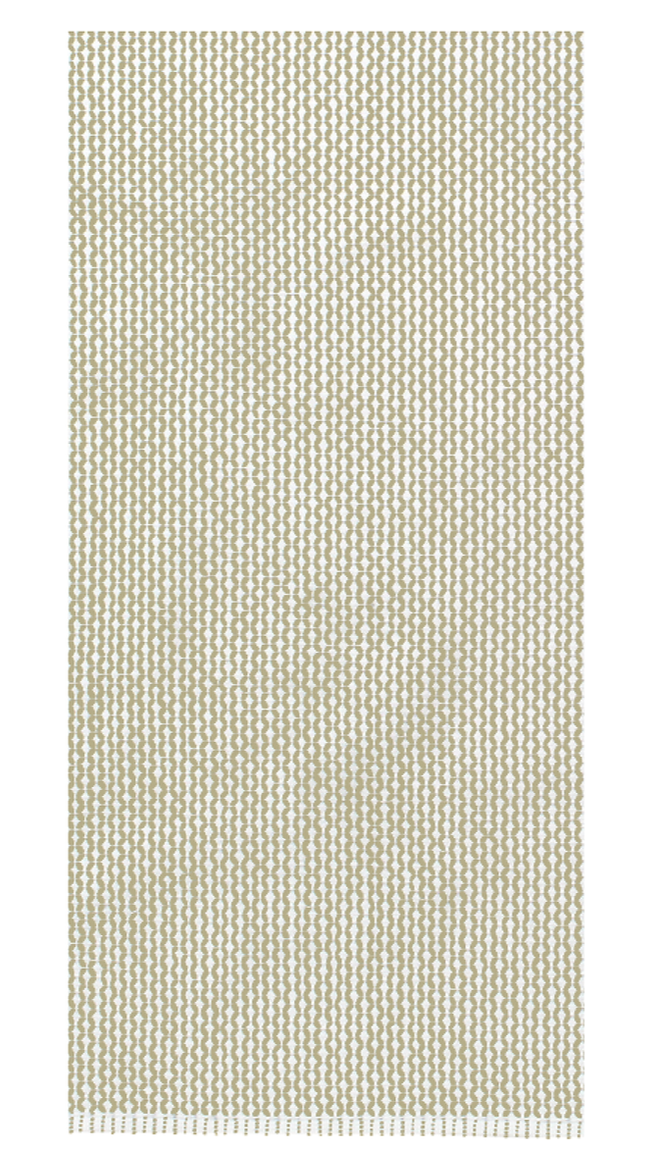 The MUkitchen Honeycomb Towel Collection features beige and white woven towels with a geometric honeycomb pattern and fringed edges.