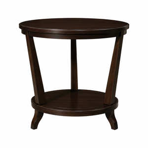 The Rye Round Table in Java by Hickory Chair features a rich, dark brown finish, distinctive angled legs, and a practical lower shelf. Displayed against a white background, this modern piece exemplifies architectural design furniture at its best.