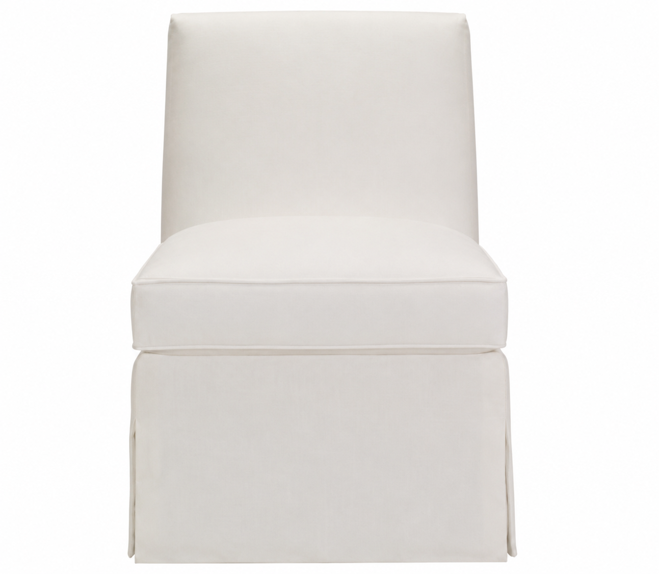 The Hickory Chair Armless Dressmaker Chair is an armless white upholstered chair with a straight back and a dressmaker skirt, featuring a skirted base, shown from the front on a plain white background.