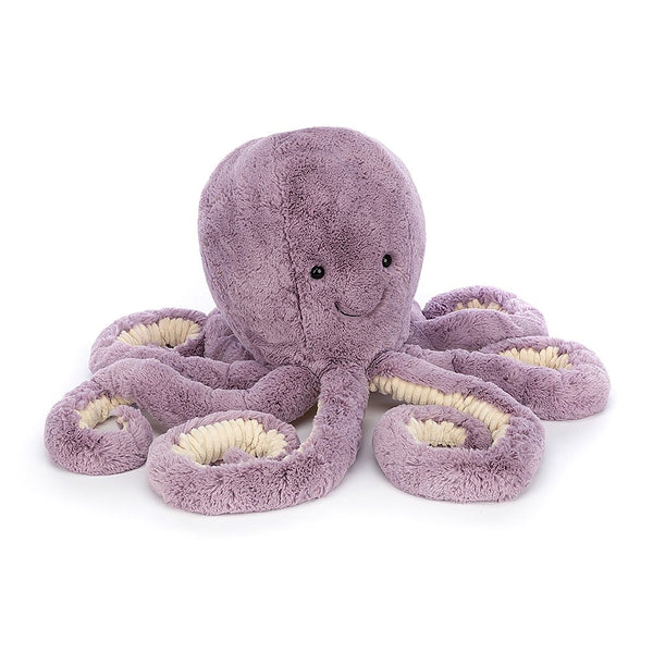 Jellycat Purple large Maya Octopus stuffed animal sitting on a white background.