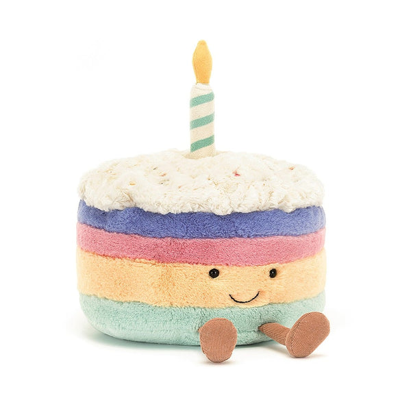 Amuseable Rainbow Birthday Cake, complete with a lit candle, by Jellycat