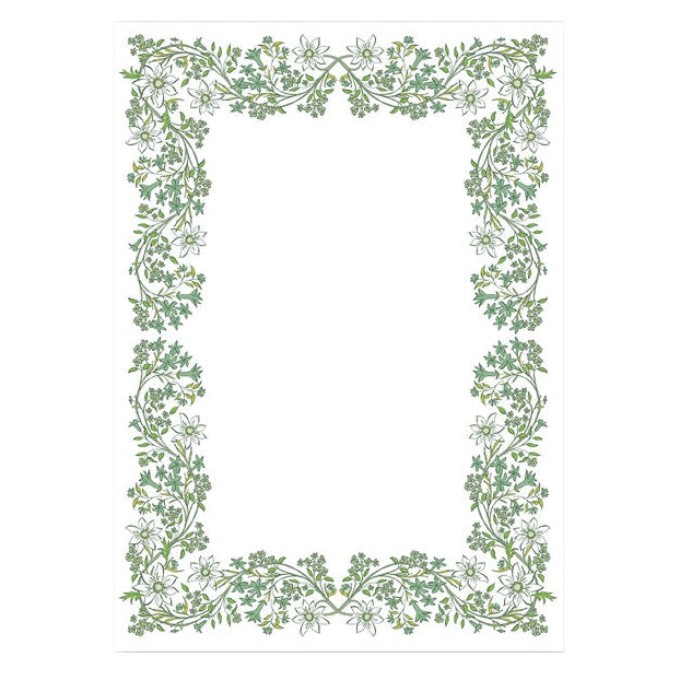 The Chalet Chintz Green Notepad by Dogwood-Hill features a rectangular white sheet bordered with green vines and white flowers, creating a stylish frame ideal for notes or messages.