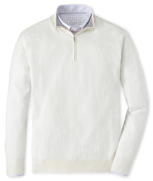 A Peter Millar Whitaker Quarter-Zip Sweater in a cream-colored cotton-Tencel blend, layered over a light checkered dress shirt with a standing collar.