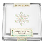 Holiday Acrylic Gift Enclosures by Karen Adams: a clear box with hand-glittered snowflake cards labeled "baby... it’s cold outside"—a perfect festive holiday gift.