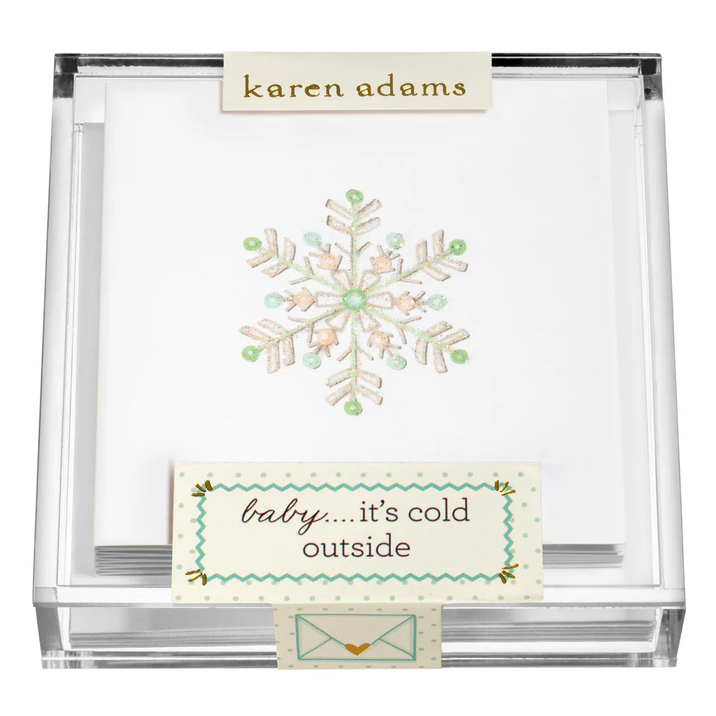 Holiday Acrylic Gift Enclosures by Karen Adams: a clear box with hand-glittered snowflake cards labeled "baby... it’s cold outside"—a perfect festive holiday gift.
