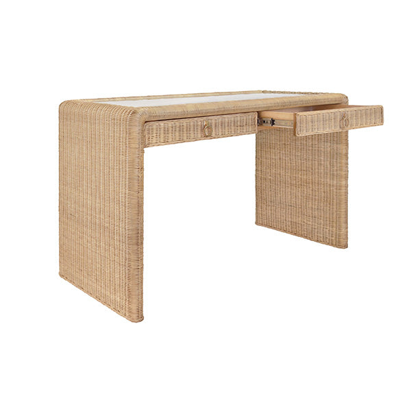 The Adrien Desk by Worlds Away features a rectangular woven rattan design with a smooth top and a right-side pull-out drawer, making it perfect for an elegant workspace.