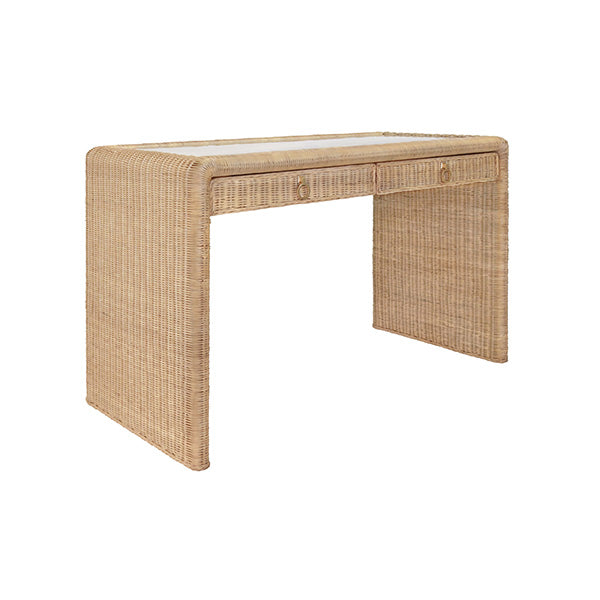 The Adrien Desk by Worlds Away features a rectangular woven rattan design, three small front drawers, and a sleek glass top—perfect for an elegant workspace. Shown against a plain white background.
